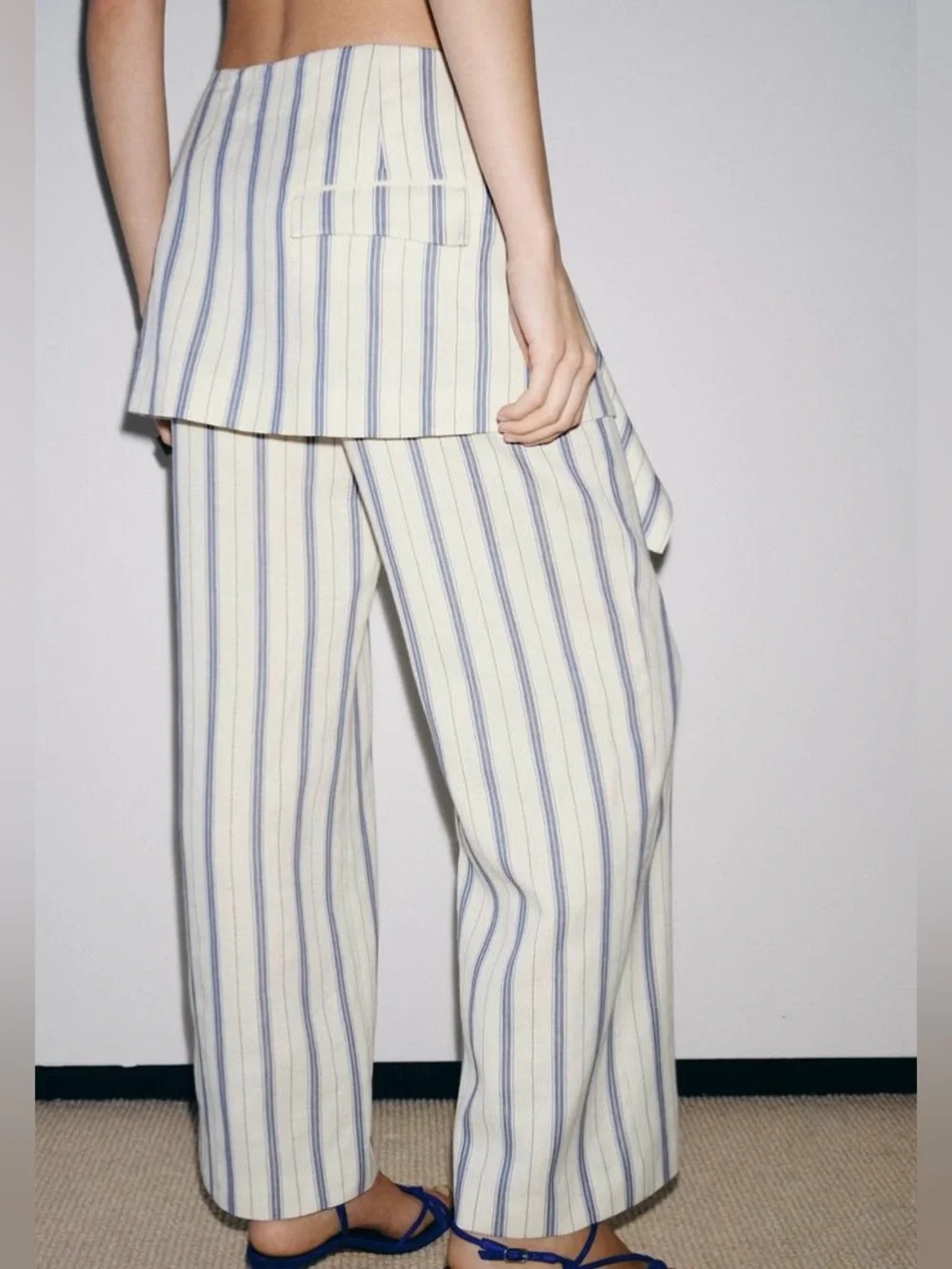 ZARA Cream with Blue Striped Pareo Straight Leg Pants - Size XL - NEW